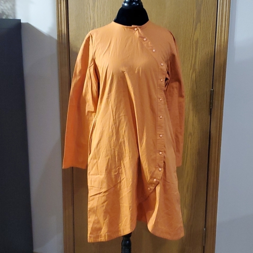 Shukr orange cross chest button modest tunic dress long sleeve cotton